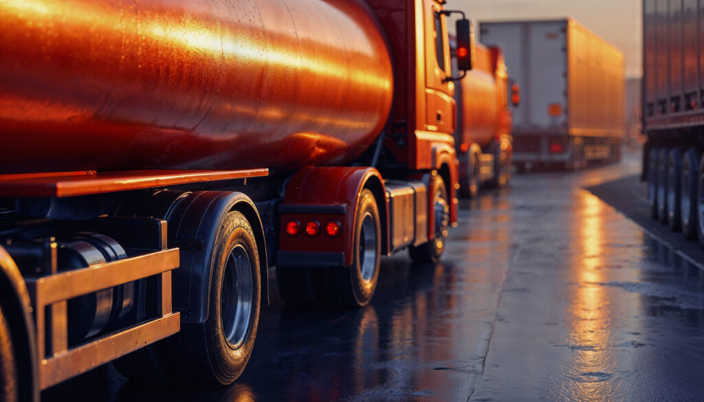 tanker trucks driving wet road sunset tanker trucks driving wet road sunset